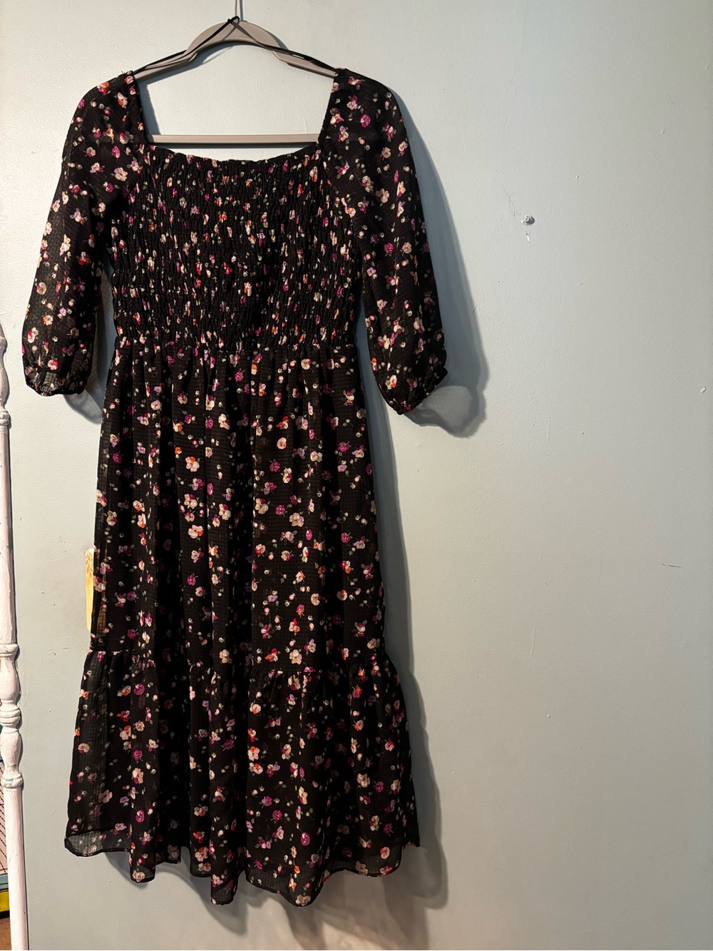 Beautiful tiered black floral dress with smocked bodice size 2-4